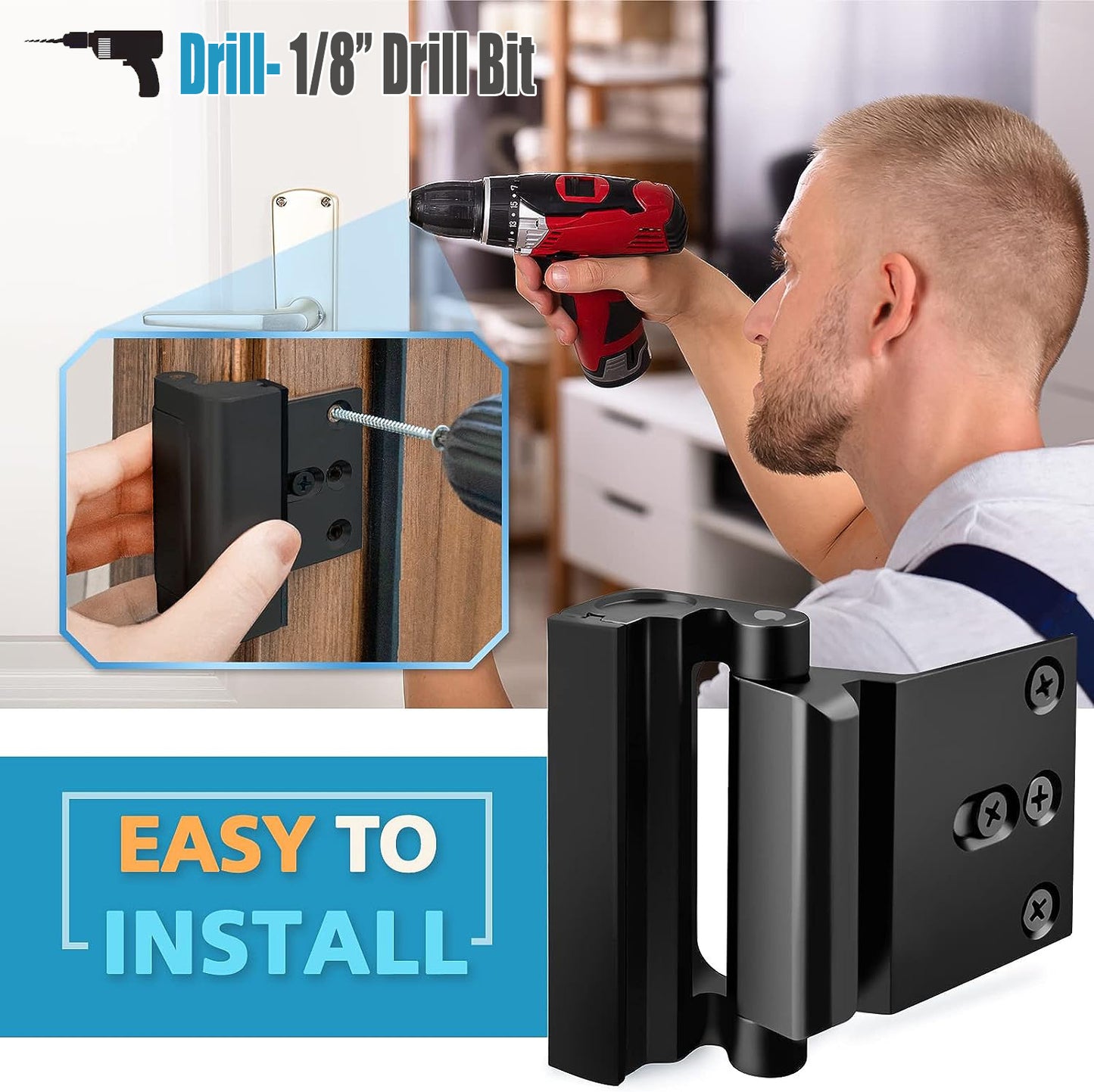 Black Heavy-Duty Hotel Style Security Door Lock - Childproof Door Reinforcement Latch for Home Safety