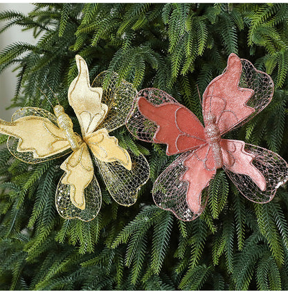 Gold Large Glitter Butterfly Christmas Ornaments (Set of 2) - Clip-On Decorations for Trees & Wreaths