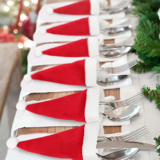 Mini Santa Hat Cutlery Holders (100-Pack) - Festive Christmas Wine Bottle Toppers & Table Decorations