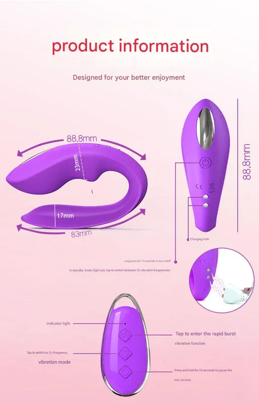 Red BlissLink U-Shaped Wearable Couple's Vibrator with Remote - 12 Modes for Shared Intimacy & Solo Fun - Mekamart Australia