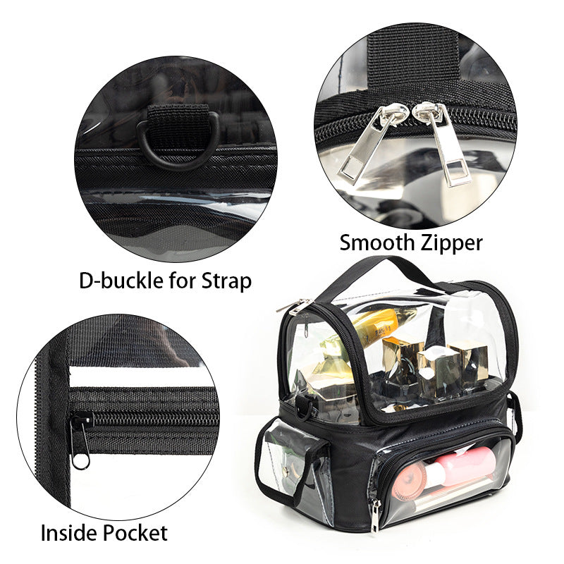Black Professional Clear Makeup Case - Portable PVC Cosmetic Organizer with Adjustable Dividers & Shoulder Strap