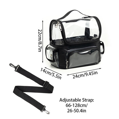 Black Professional Clear Makeup Case - Portable PVC Cosmetic Organizer with Adjustable Dividers & Shoulder Strap