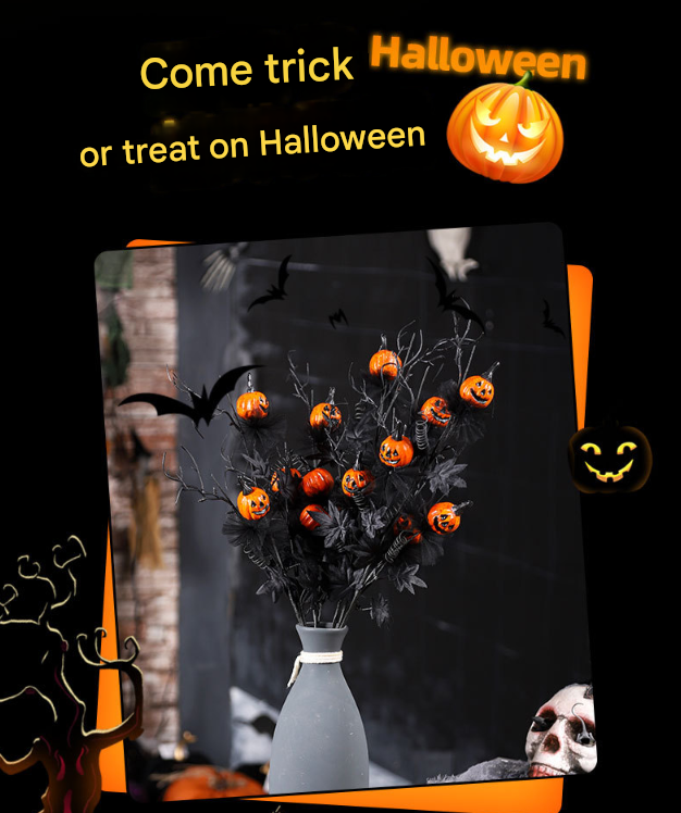 Halloween Black Twig & Pumpkin Stems (2-Pack) - Artificial Floral Picks for Spooky Arrangements