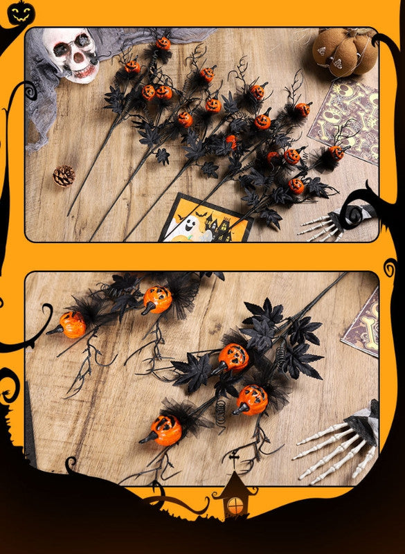 Halloween Black Twig & Pumpkin Stems (2-Pack) - Artificial Floral Picks for Spooky Arrangements
