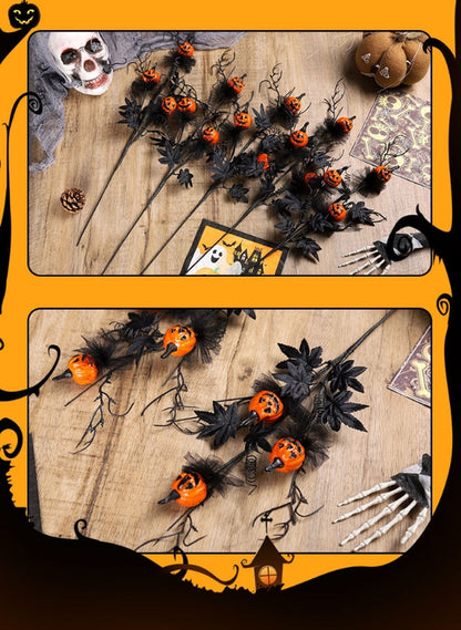 Halloween Black Twig & Pumpkin Stems (2-Pack) - Artificial Floral Picks for Spooky Arrangements