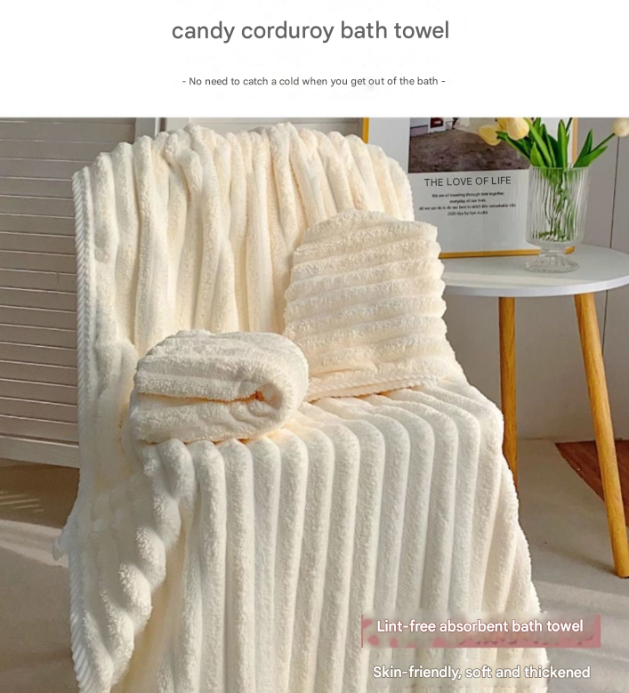 Blue Plush Ribbed Coral Fleece 3-Piece Towel Set - Ultra Soft & Absorbent Bath, Hand Towel and Hair Wrap