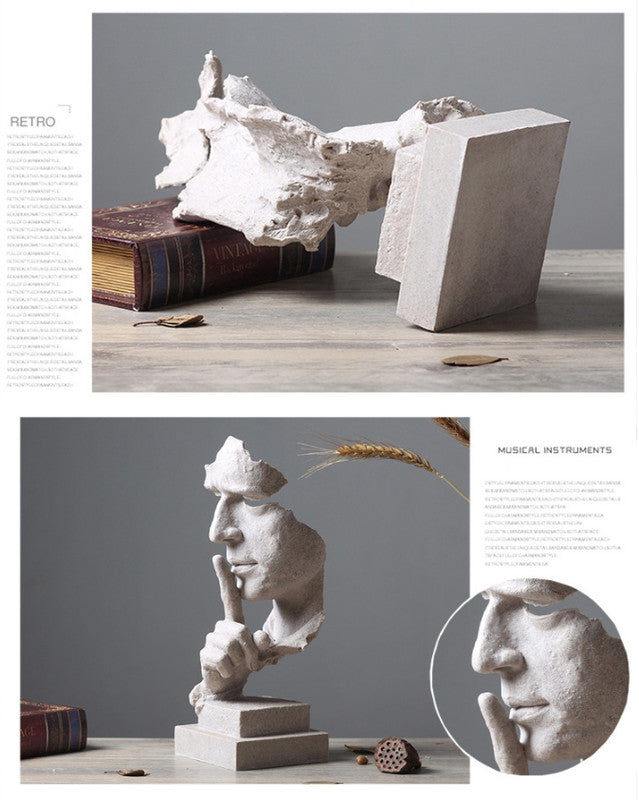 Silver Modern 'Silence is Golden' Abstract Sculpture - Nordic Resin Art Statue for Office & Living Room Decor