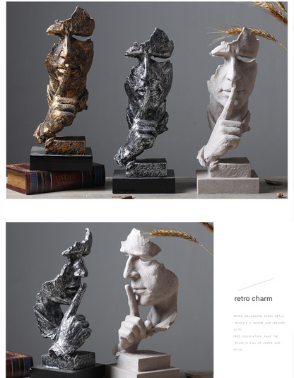 Silver Modern 'Silence is Golden' Abstract Sculpture - Nordic Resin Art Statue for Office & Living Room Decor