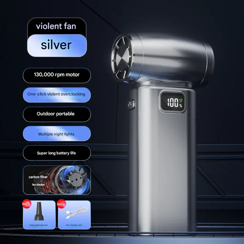 Silver Portable High-Speed Turbo Fan & Air Duster - 130,000 RPM Brushless Motor, Rechargeable Blower