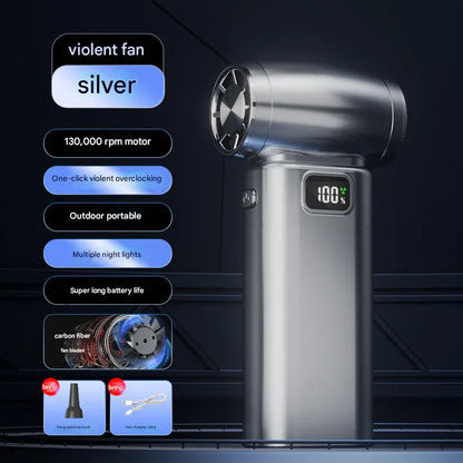 Silver Portable High-Speed Turbo Fan & Air Duster - 130,000 RPM Brushless Motor, Rechargeable Blower