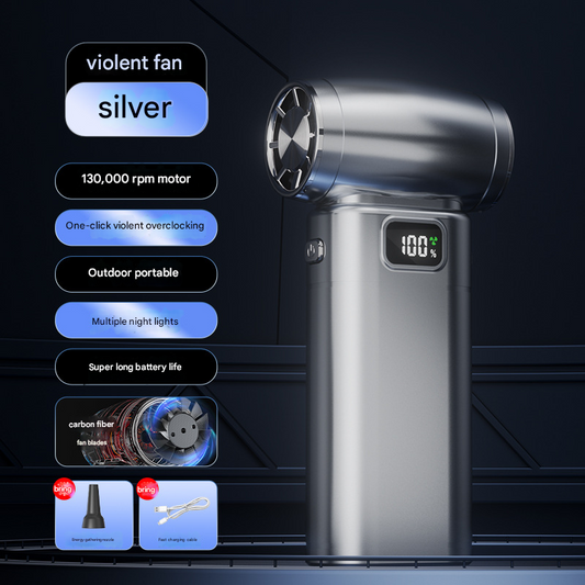 Silver Portable High-Speed Turbo Fan & Air Duster - 130,000 RPM Brushless Motor, Rechargeable Blower