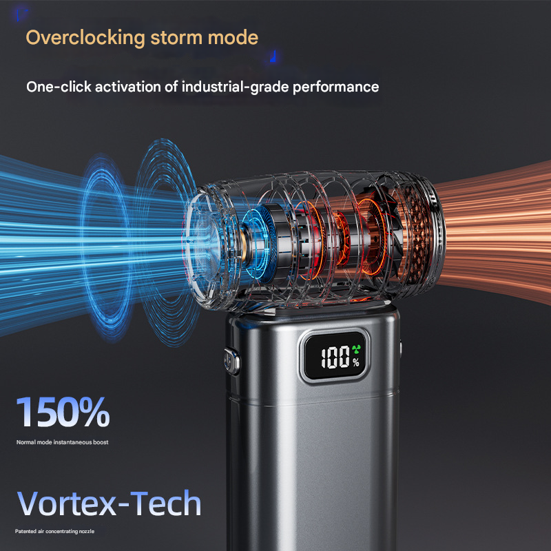 Silver Portable High-Speed Turbo Fan & Air Duster - 130,000 RPM Brushless Motor, Rechargeable Blower