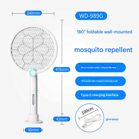 White Rechargeable 2-in-1 Bug Zapper Racket - Electric Fly Swatter & UV Mosquito Lamp with Charging Base