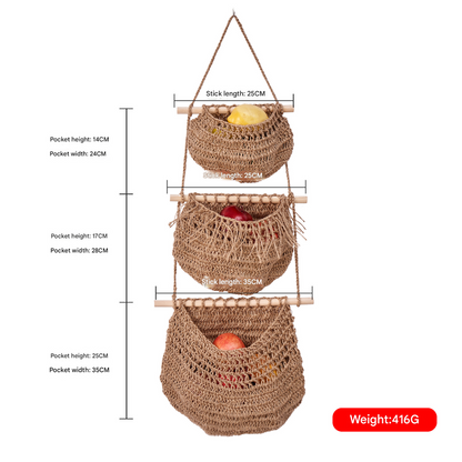 Three-layer hemp rope style Bohemian Hanging Fruit Basket – Wall-Mounted Woven Storage Net Pocket for Kitchen & Home Decor