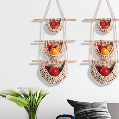 Single-layer cotton rope style Bohemian Hanging Fruit Basket – Wall-Mounted Woven Storage Net Pocket for Kitchen & Home Decor