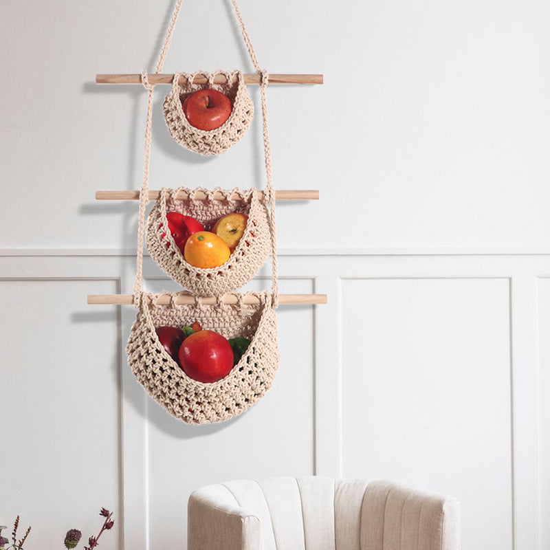 Single-layer cotton rope style Bohemian Hanging Fruit Basket – Wall-Mounted Woven Storage Net Pocket for Kitchen & Home Decor
