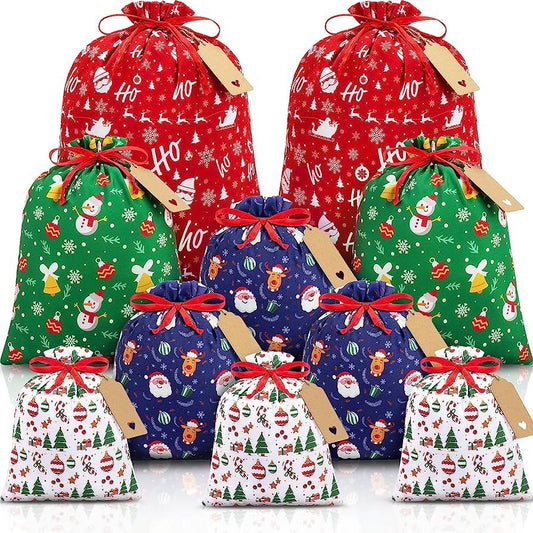 Green grid Christmas Gift Drawstring Bags Set - Festive Burlap Style Pouches for Candy & Apples - Holiday Decoration - 10 Pcs