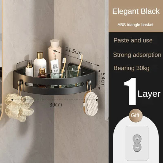 Elegant black Premium No-Drill Corner Shower Caddy - Thickened ABS Bathroom Storage Shelf with Hooks, Quick Wall Mount Organiser