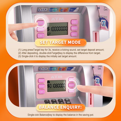 Pink Digital ATM Savings Bank for Kids - Electronic Piggy Bank with PIN & Card for Real Money