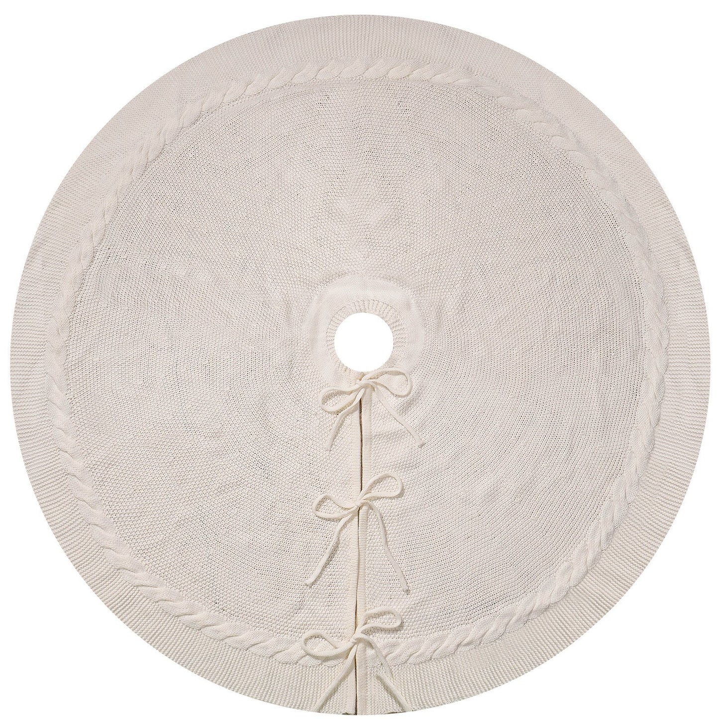 White Luxury Knit Christmas Tree Skirt with Cable-Knit Border - Rustic Holiday Decor(122cm)