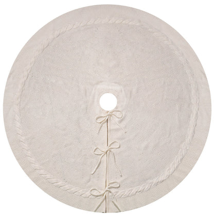 White Luxury Knit Christmas Tree Skirt with Cable-Knit Border - Rustic Holiday Decor(122cm)