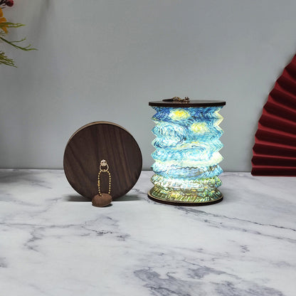 Foldable Telescopic Lantern Lamp - 3 Light Modes, USB Rechargeable, Wood/Paper Finish(Starry Night by Van Gogh)