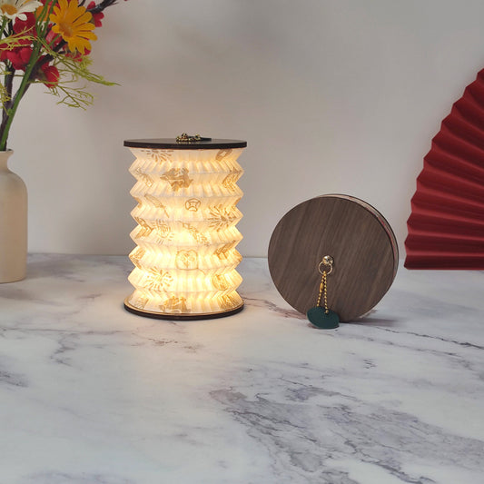 Foldable Telescopic Lantern Lamp - 3 Light Modes, USB Rechargeable, Wood/Paper Finish(Good Luck and Happiness)