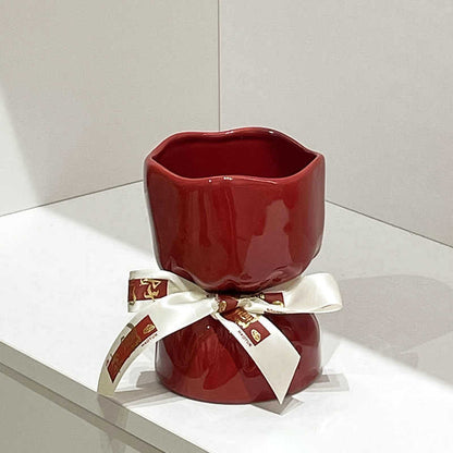 Artisan Handcrafted Ceramic Vase - Minimalist Home Decor with Stable Base(red)