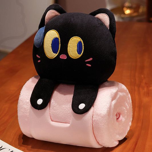 Plush 2-in-1 Pillow Blanket - Adorable Design for Cozy Comfort(Black Cat)