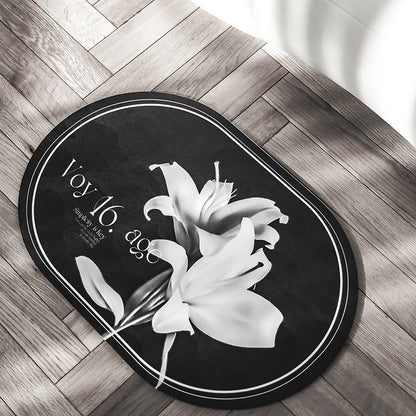 Elegant Floral Print Absorbent Floor Mat - Quick Dry, Non-Slip, Easy Clean Bathroom & Entryway Rug(White flowers on black background)