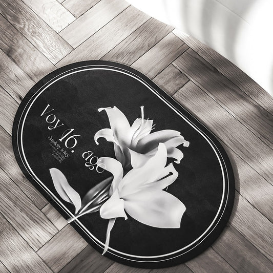 Elegant Floral Print Absorbent Floor Mat - Quick Dry, Non-Slip, Easy Clean Bathroom & Entryway Rug(White flowers on black background)