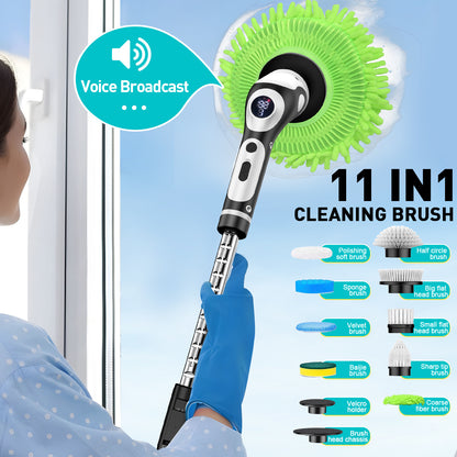Multi-Functional Electric Spin Scrubber with Voice Broadcast, 9 Heads, Adjustable Extension Handle & LED Display(Black and White)