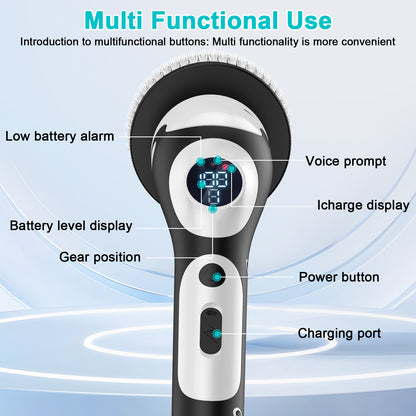 Multi-Functional Electric Spin Scrubber with Voice Broadcast, 9 Heads, Adjustable Extension Handle & LED Display(Black and White)