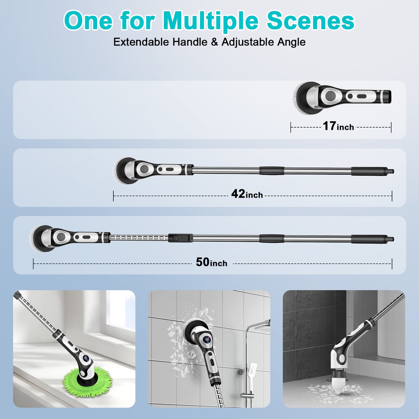 Multi-Functional Electric Spin Scrubber with Voice Broadcast, 9 Heads, Adjustable Extension Handle & LED Display(Black and White)