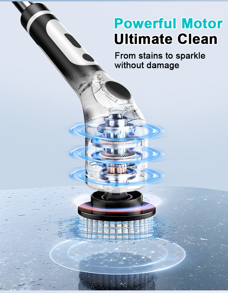 Multi-Functional Electric Spin Scrubber with Voice Broadcast, 9 Heads, Adjustable Extension Handle & LED Display(Black and White)