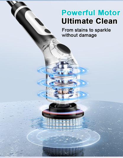 Multi-Functional Electric Spin Scrubber with Voice Broadcast, 9 Heads, Adjustable Extension Handle & LED Display(Black and White)