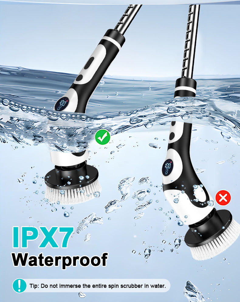Multi-Functional Electric Spin Scrubber with Voice Broadcast, 9 Heads, Adjustable Extension Handle & LED Display(Black and White)