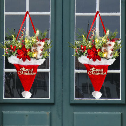 Illuminated Santa Hat Door Hanger with Holiday Greenery & Berries - Christmas Wall Decor(red)