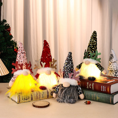 Light-Up Christmas Gnome Plush Doll with Sequin Hat & Antlers - Festive LED Tabletop Decoration(silver)