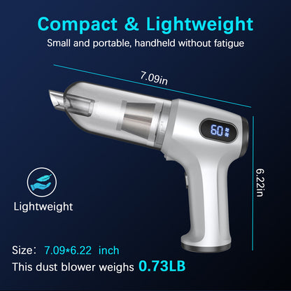 2-in-1 Cordless Handheld Vacuum & Air Duster - 12000Pa Suction, 70000 RPM, LED Light, USB-C Rechargeable(Silver)