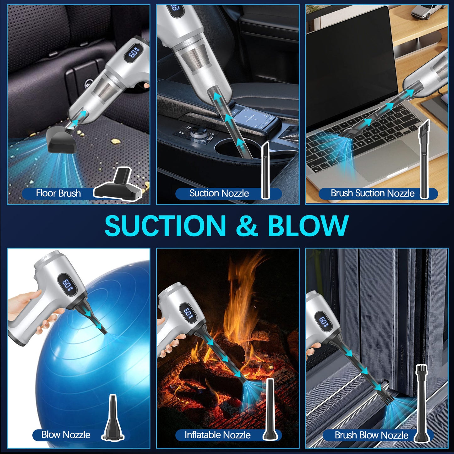 2-in-1 Cordless Handheld Vacuum & Air Duster - 12000Pa Suction, 70000 RPM, LED Light, USB-C Rechargeable(Silver)