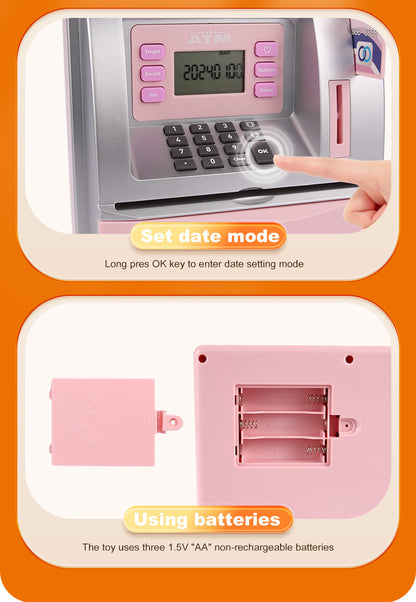 Kids Electronic ATM Savings Bank - Digital Piggy Bank with Password, Auto Roll-in Banknotes & Coin Slot for Financial Learning Fun(pink)