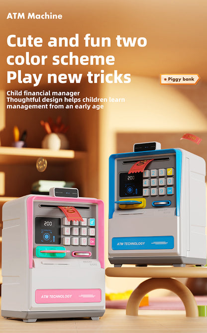 Kids Electronic ATM Piggy Bank with Simulated Facial Recognition & Password - Auto Roll-in Banknote & Coin Money Box for Financial Learning(blue)