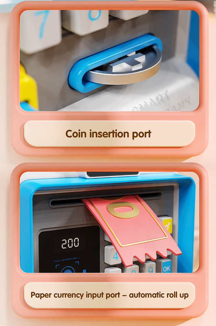 Kids Electronic ATM Piggy Bank with Simulated Facial Recognition & Password - Auto Roll-in Banknote & Coin Money Box for Financial Learning(blue)