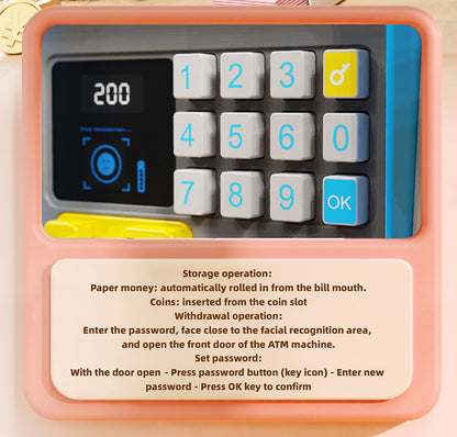 Kids Electronic ATM Piggy Bank with Simulated Facial Recognition & Password - Auto Roll-in Banknote & Coin Money Box for Financial Learning(blue)