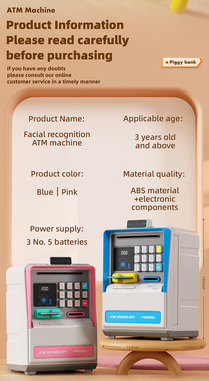 Kids Electronic ATM Piggy Bank with Simulated Facial Recognition & Password - Auto Roll-in Banknote & Coin Money Box for Financial Learning(blue)
