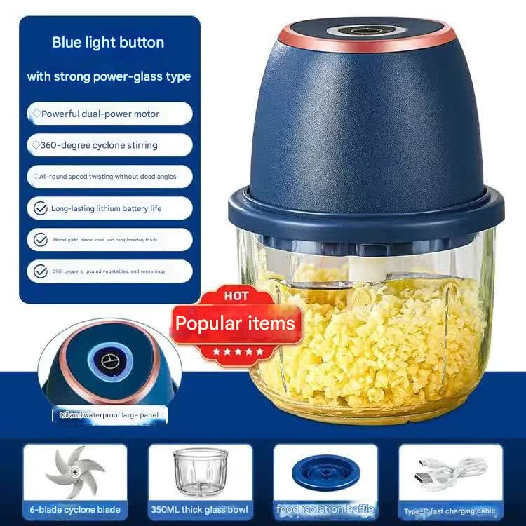 Electric Mini Garlic Chopper with Glass Bowl - USB Rechargeable, 6 Blades, Large Capacity(blue)