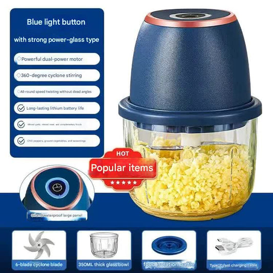 Electric Mini Garlic Chopper with Glass Bowl - USB Rechargeable, 6 Blades, Large Capacity(blue)