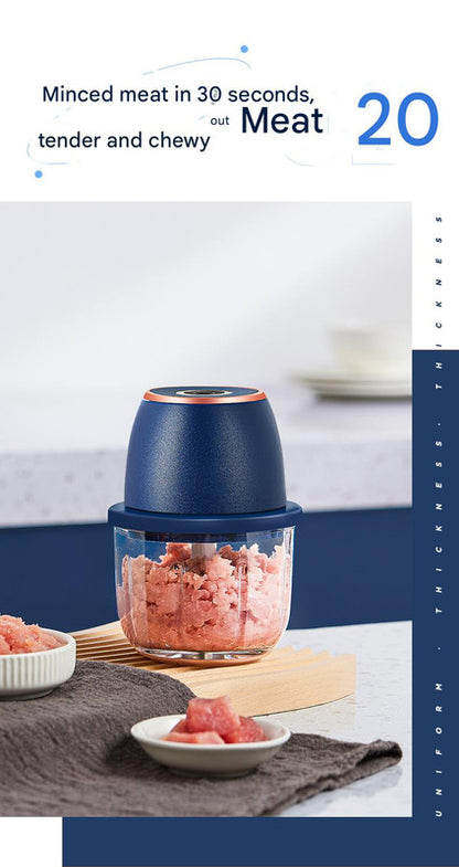 Electric Mini Garlic Chopper with Glass Bowl - USB Rechargeable, 6 Blades, Large Capacity(blue)