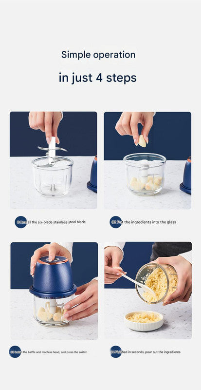 Electric Mini Garlic Chopper with Glass Bowl - USB Rechargeable, 6 Blades, Large Capacity(white)